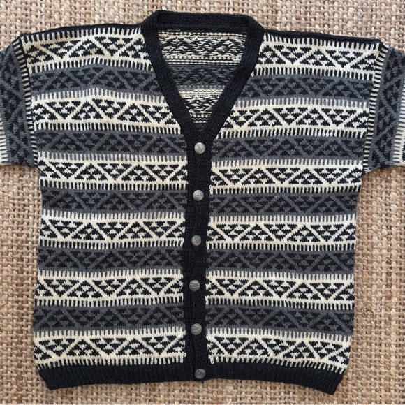 Vintage Black Gray Handmade 
Norwegian Geometric Wool Cardigan - Picture 3 of 11